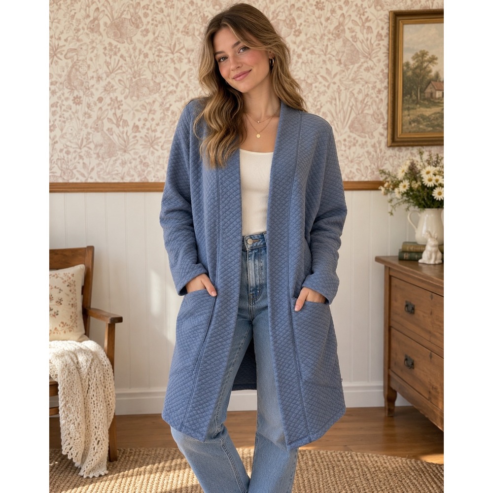L.L.Bean Quilted Long Cardigan / Coat – Size Large – Dusty Blue
